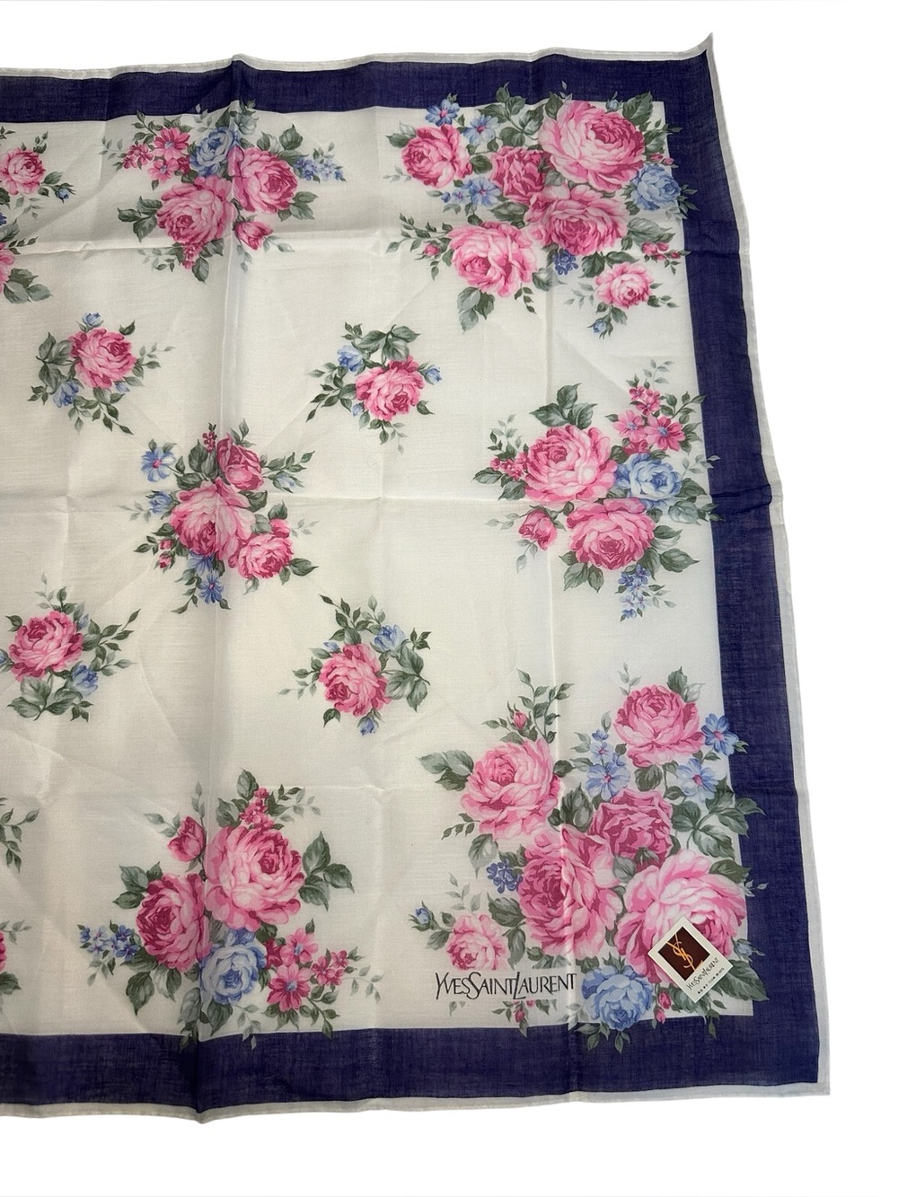 Yves Saint Laurent NWOT 100% Silk Pink and Blue Floral Print Neckerchief - Picture 5 of 8